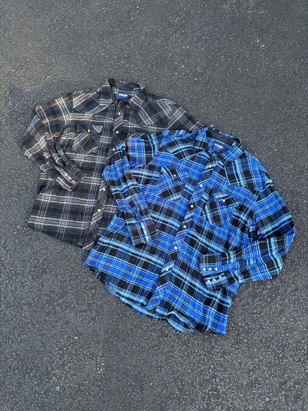 (2)Wrangler Mens Blue and Black Plaid Pearl Snap heavy Flannel size XL